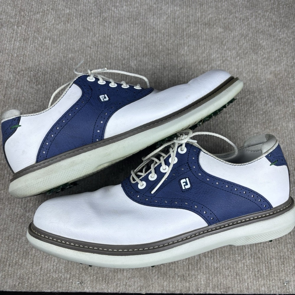 FootJoy FJ Golf Shoes Mens 8.5 M White Blue Leather Saddle Spikes Cleats - Picture 5 of 10
